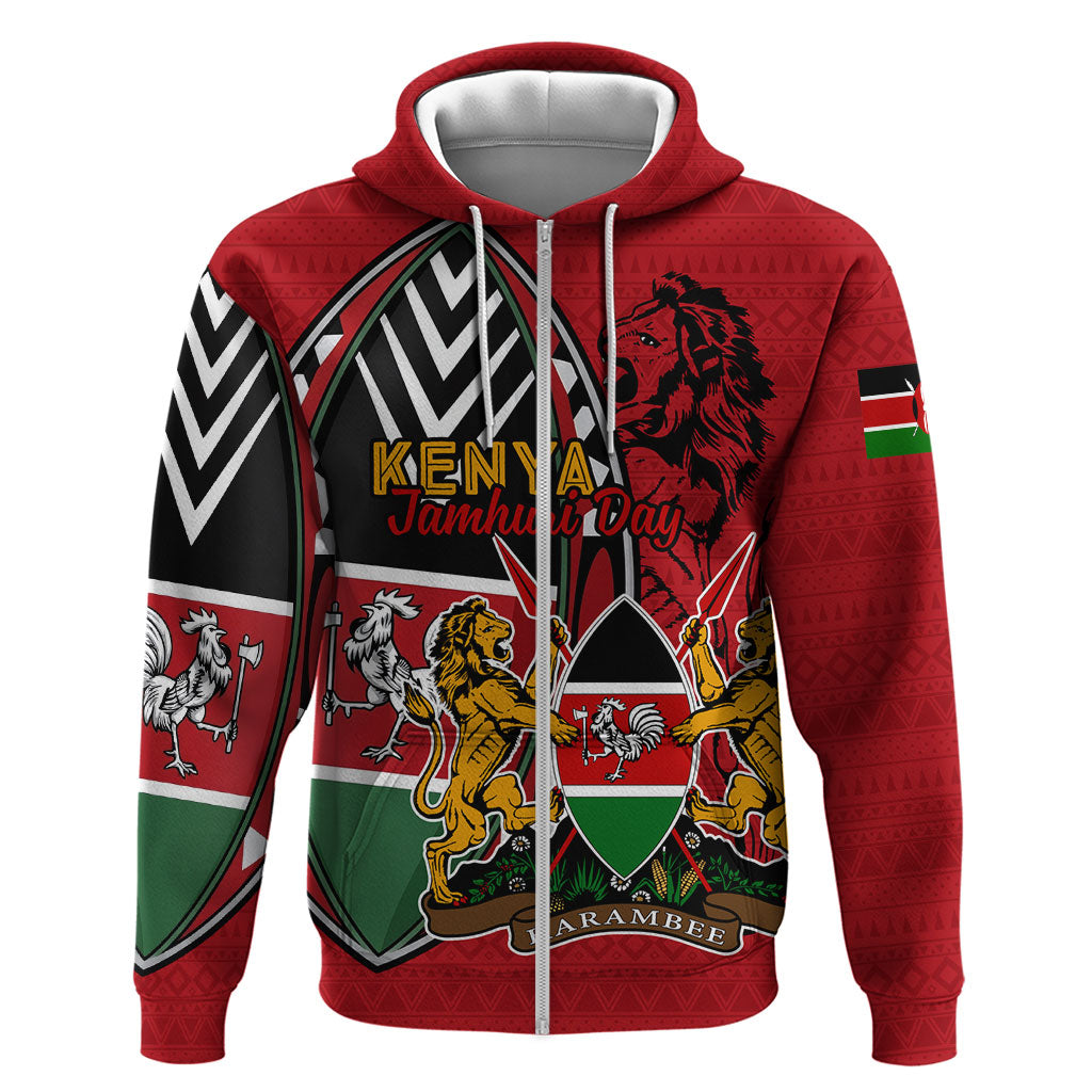 Kenya Jamhuri Day Zip Hoodie Harambee Spirit Lion Flag Tribal