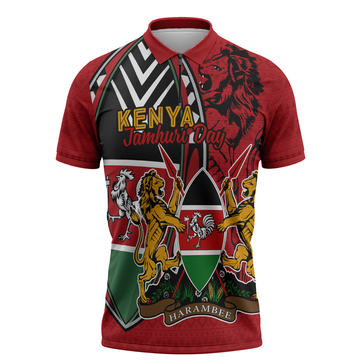 Kenya Jamhuri Day Zipper Polo Shirt Harambee Spirit Lion Flag Tribal