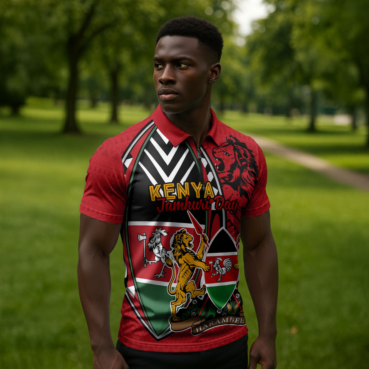 Kenya Jamhuri Day Zipper Polo Shirt Harambee Spirit Lion Flag Tribal