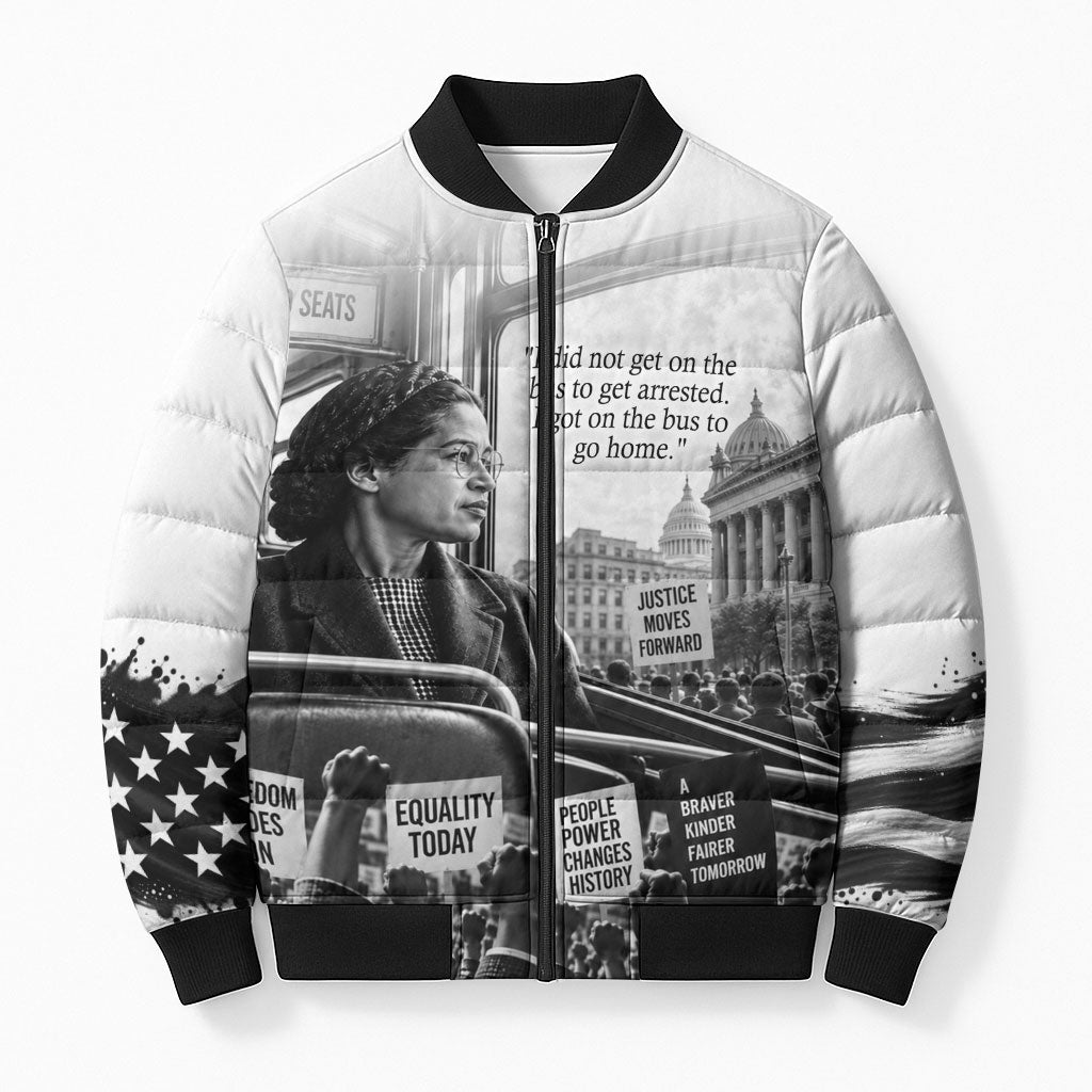 Rosa Parks Civil Rights Bomber Puffer Jacket Vintage Bus American Flag And Red Roses Tribute