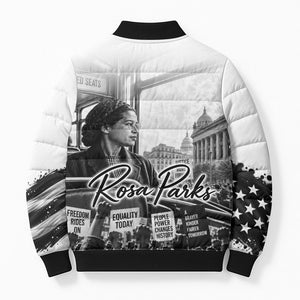 Rosa Parks Civil Rights Bomber Puffer Jacket Vintage Bus American Flag And Red Roses Tribute