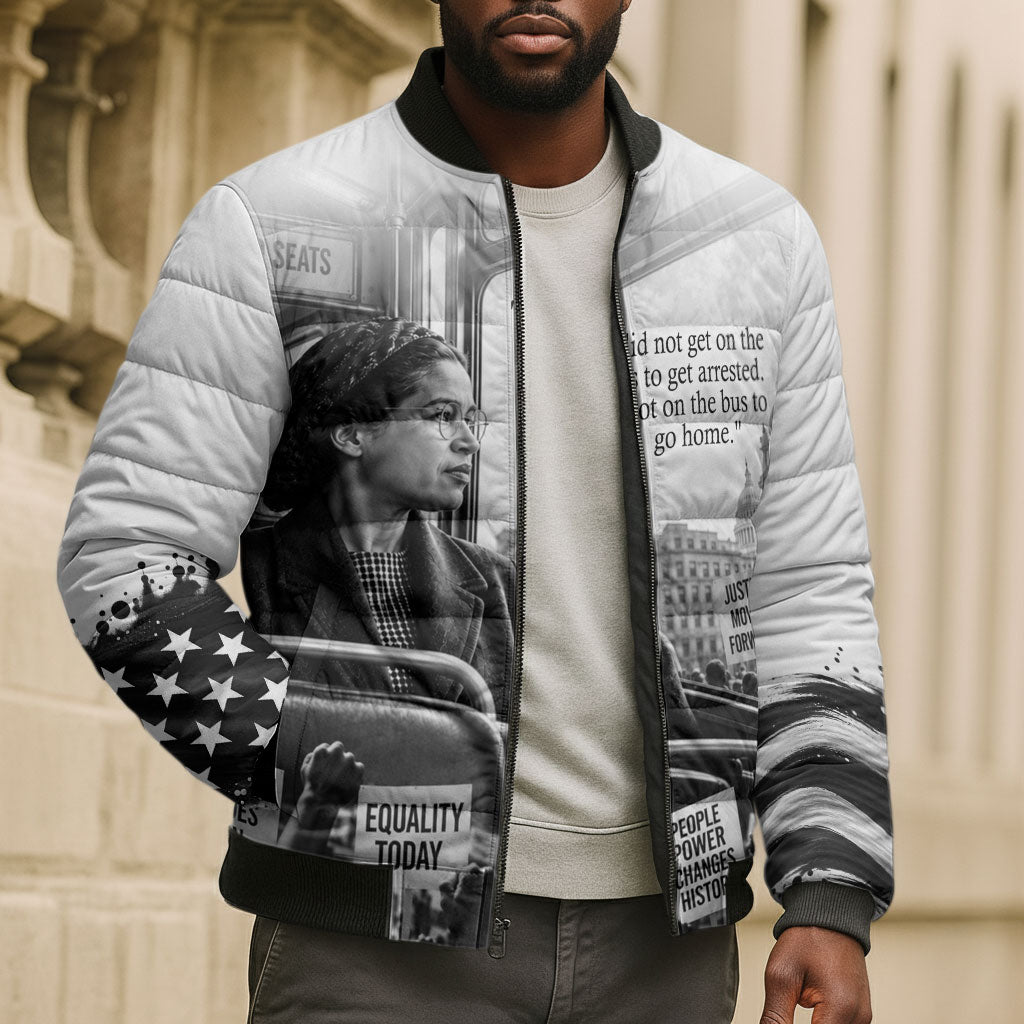 Rosa Parks Civil Rights Bomber Puffer Jacket Vintage Bus American Flag And Red Roses Tribute