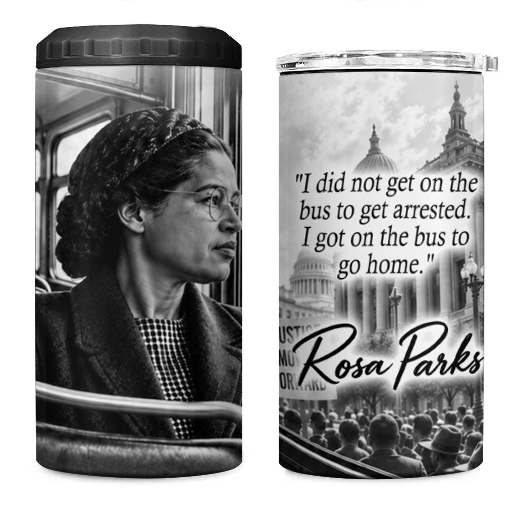 Rosa Parks Civil Rights 4 in 1 Can Cooler Tumbler Vintage Bus American Flag And Red Roses Tribute