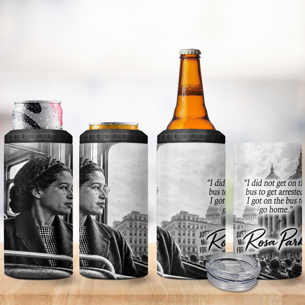 Rosa Parks Civil Rights 4 in 1 Can Cooler Tumbler Vintage Bus American Flag And Red Roses Tribute