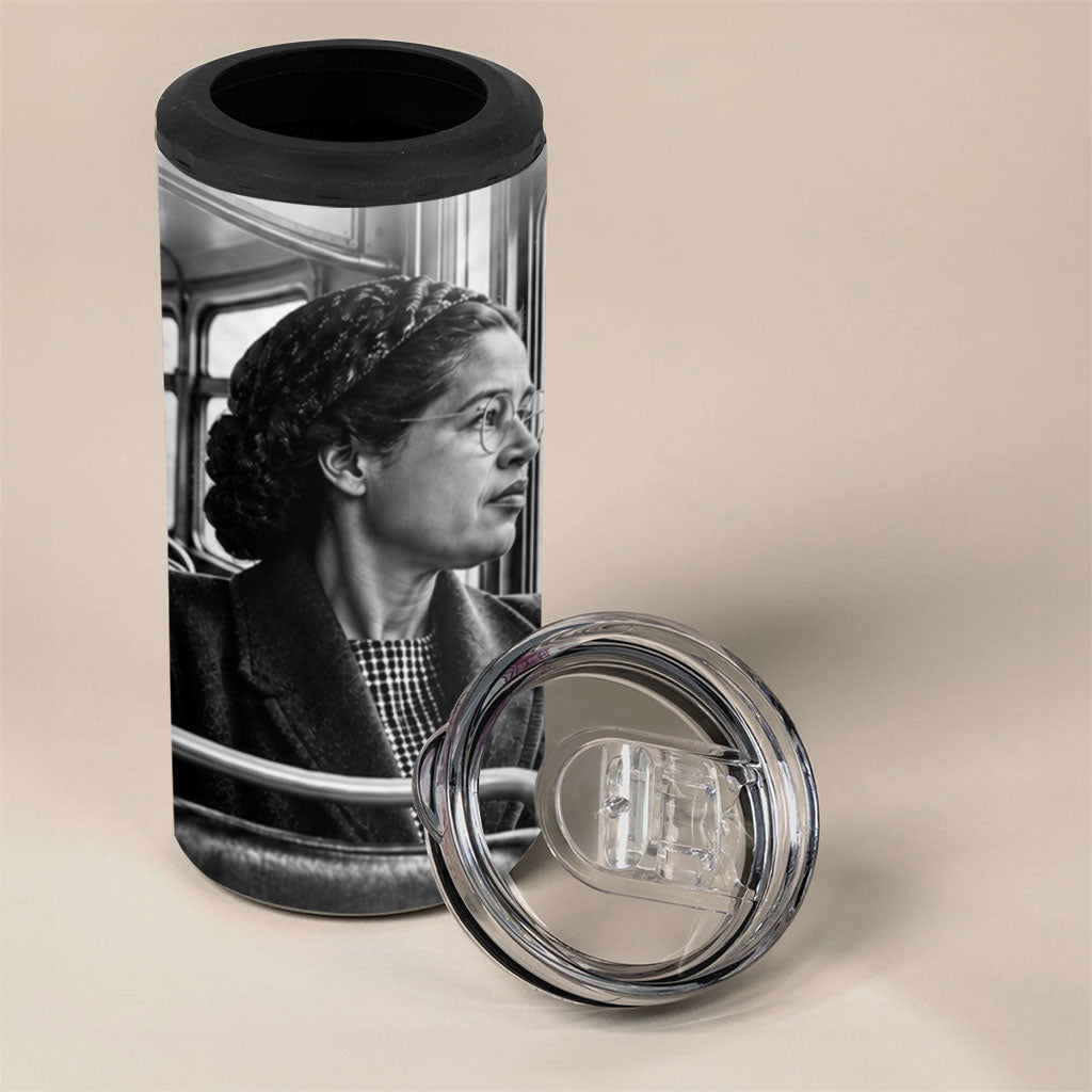 Rosa Parks Civil Rights 4 in 1 Can Cooler Tumbler Vintage Bus American Flag And Red Roses Tribute