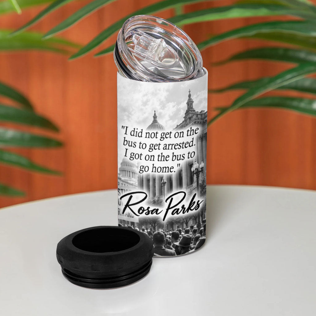 Rosa Parks Civil Rights 4 in 1 Can Cooler Tumbler Vintage Bus American Flag And Red Roses Tribute