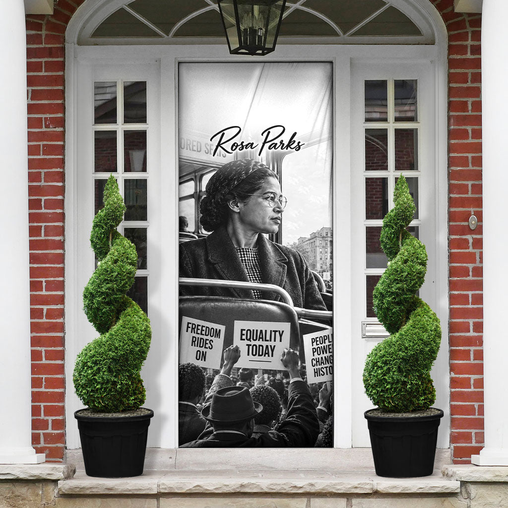 Rosa Parks Civil Rights Door Cover Vintage Bus American Flag And Red Roses Tribute
