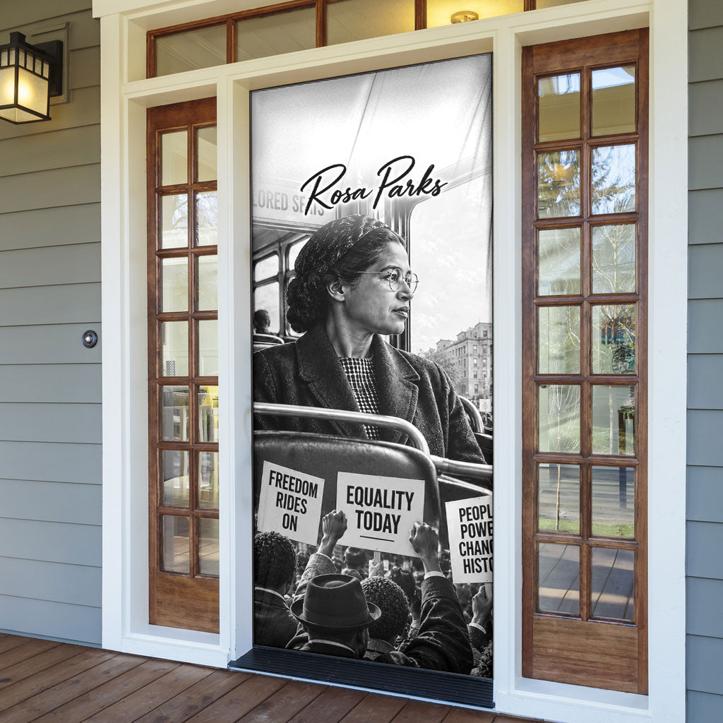 Rosa Parks Civil Rights Door Cover Vintage Bus American Flag And Red Roses Tribute