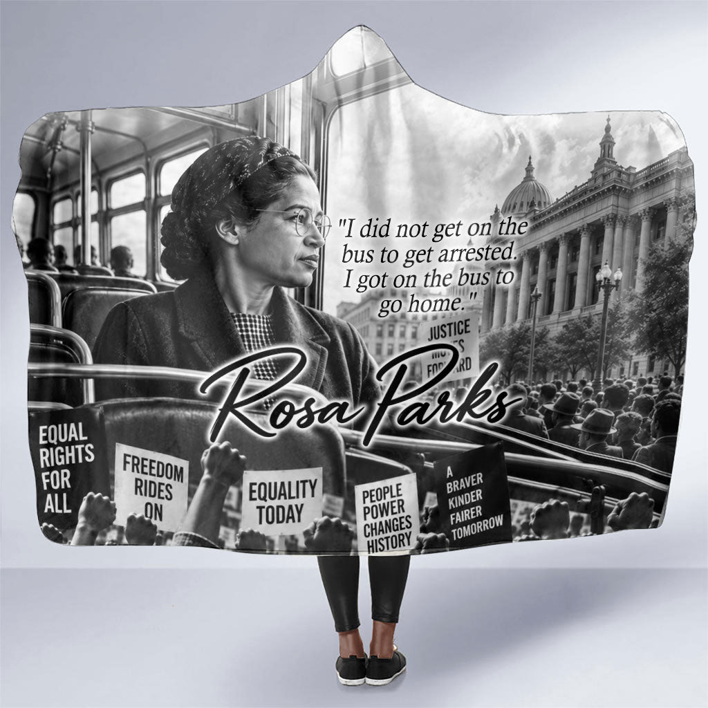 Rosa Parks Civil Rights Hooded Blanket Vintage Bus American Flag And Red Roses Tribute
