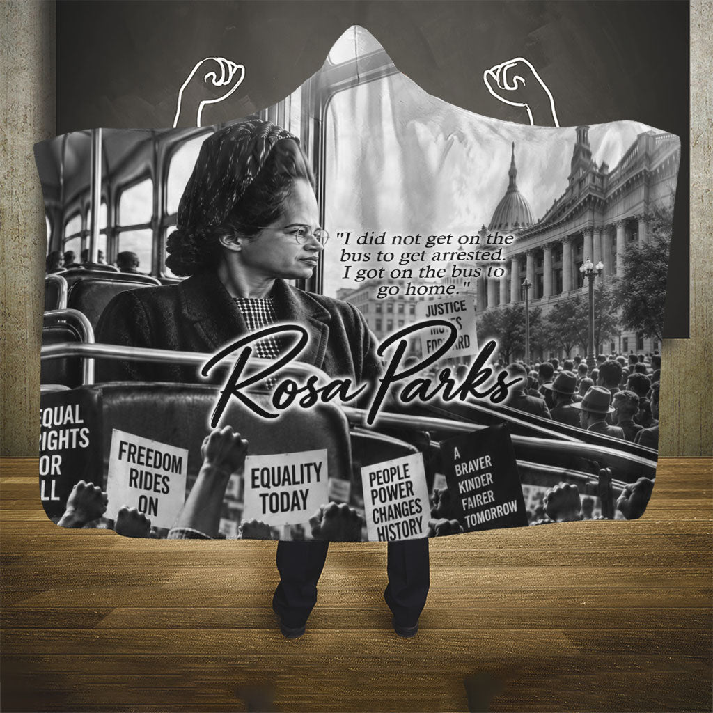Rosa Parks Civil Rights Hooded Blanket Vintage Bus American Flag And Red Roses Tribute