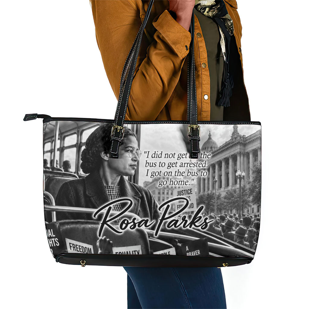Rosa Parks Civil Rights Leather Tote Bag Vintage Bus American Flag And Red Roses Tribute