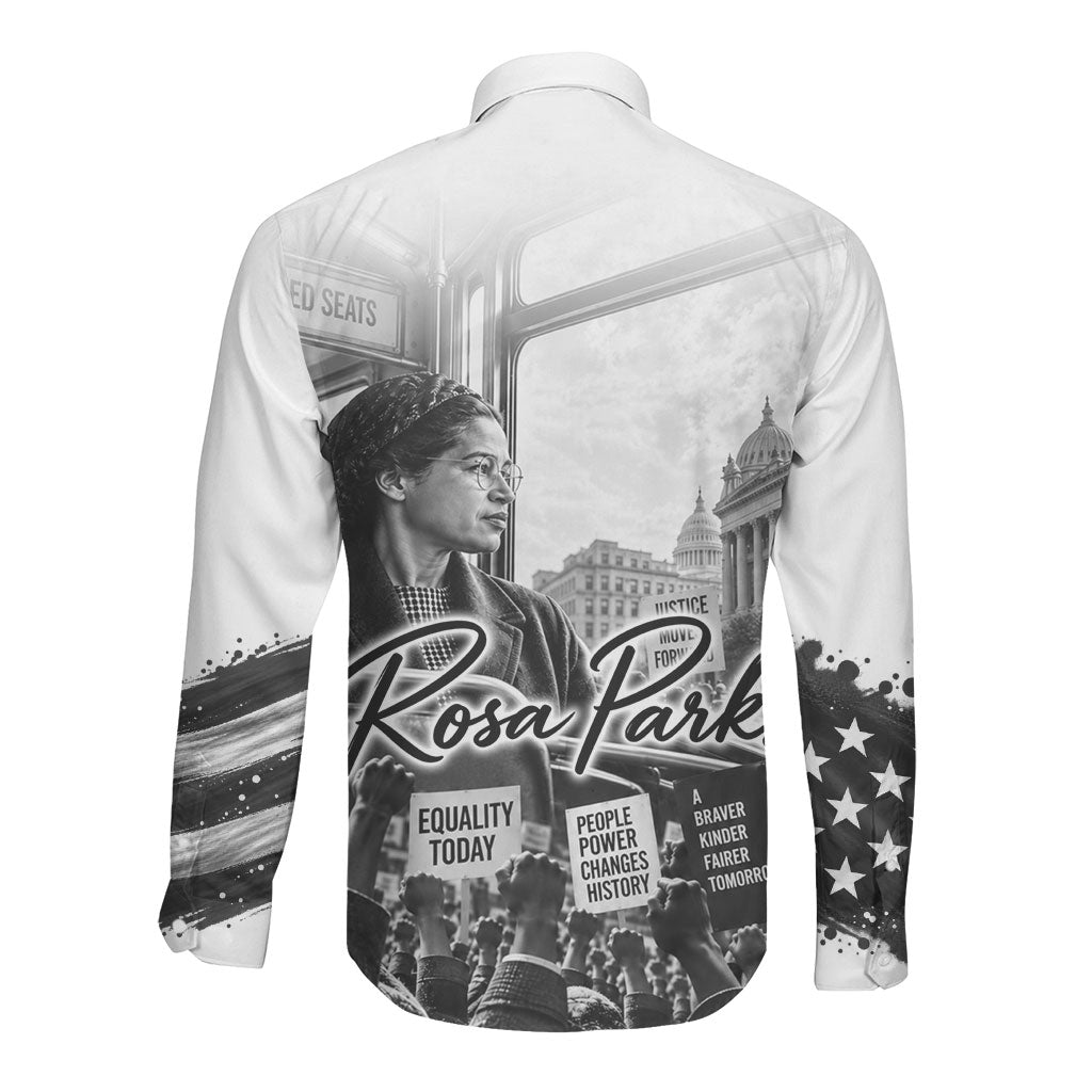 Rosa Parks Civil Rights Long Sleeve Button Shirt Vintage Bus American Flag And Red Roses Tribute