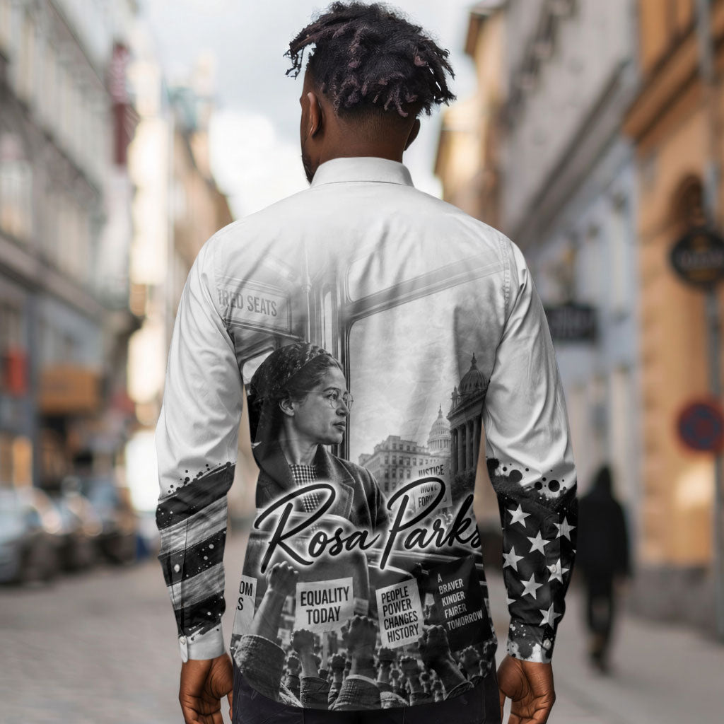 Rosa Parks Civil Rights Long Sleeve Button Shirt Vintage Bus American Flag And Red Roses Tribute