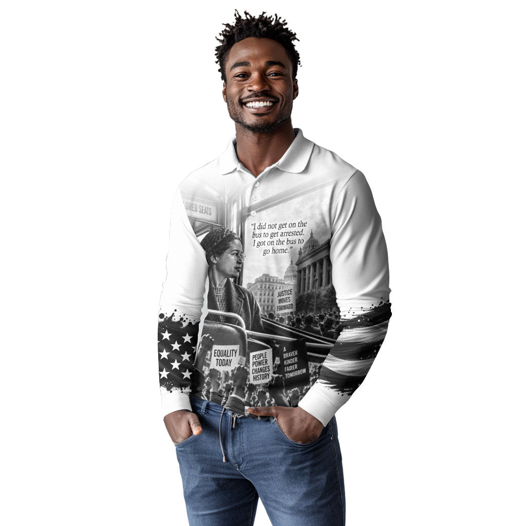 Rosa Parks Civil Rights Long Sleeve Polo Shirt Vintage Bus American Flag And Red Roses Tribute