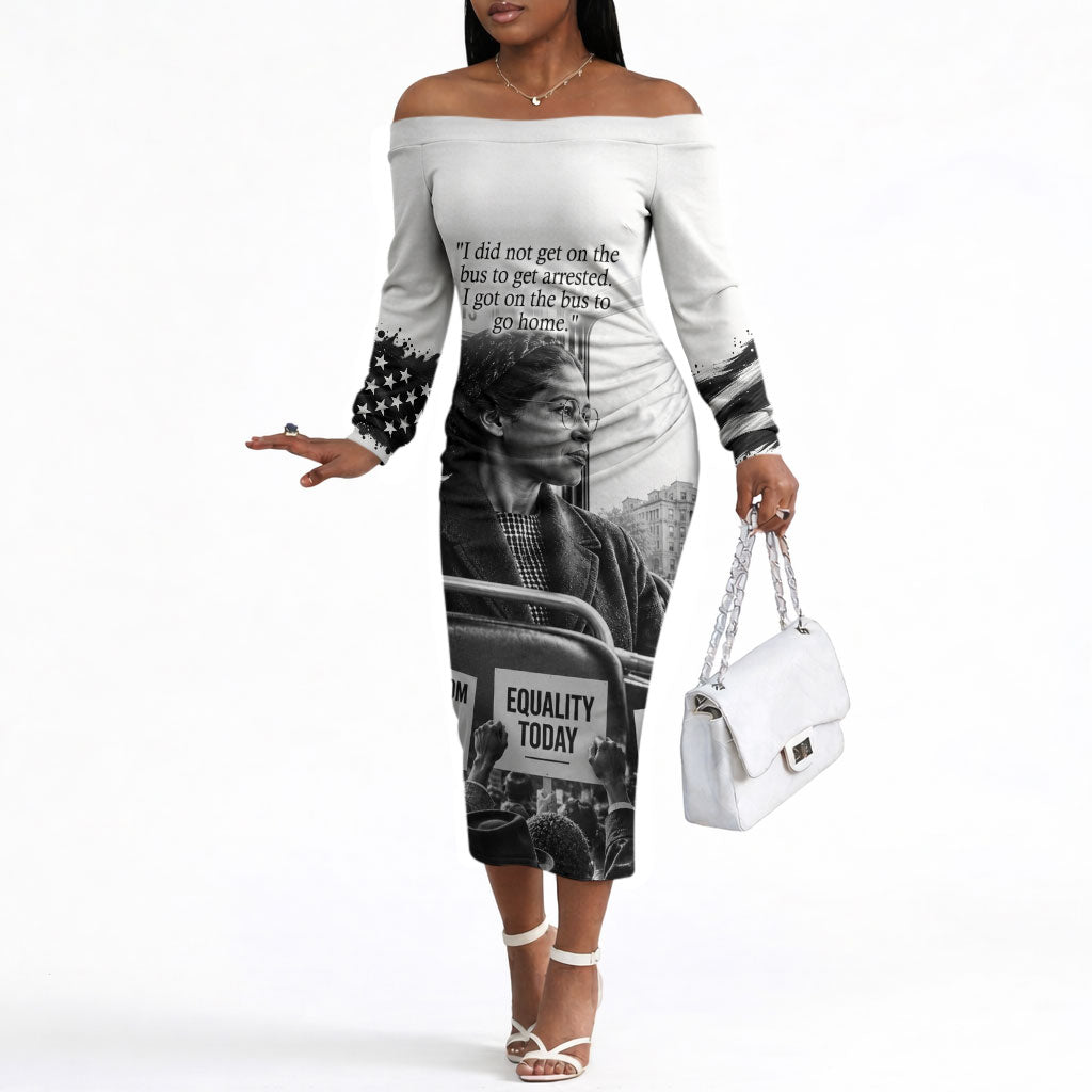 Rosa Parks Civil Rights Off The Shoulder Long Sleeve Dress Vintage Bus American Flag And Red Roses Tribute