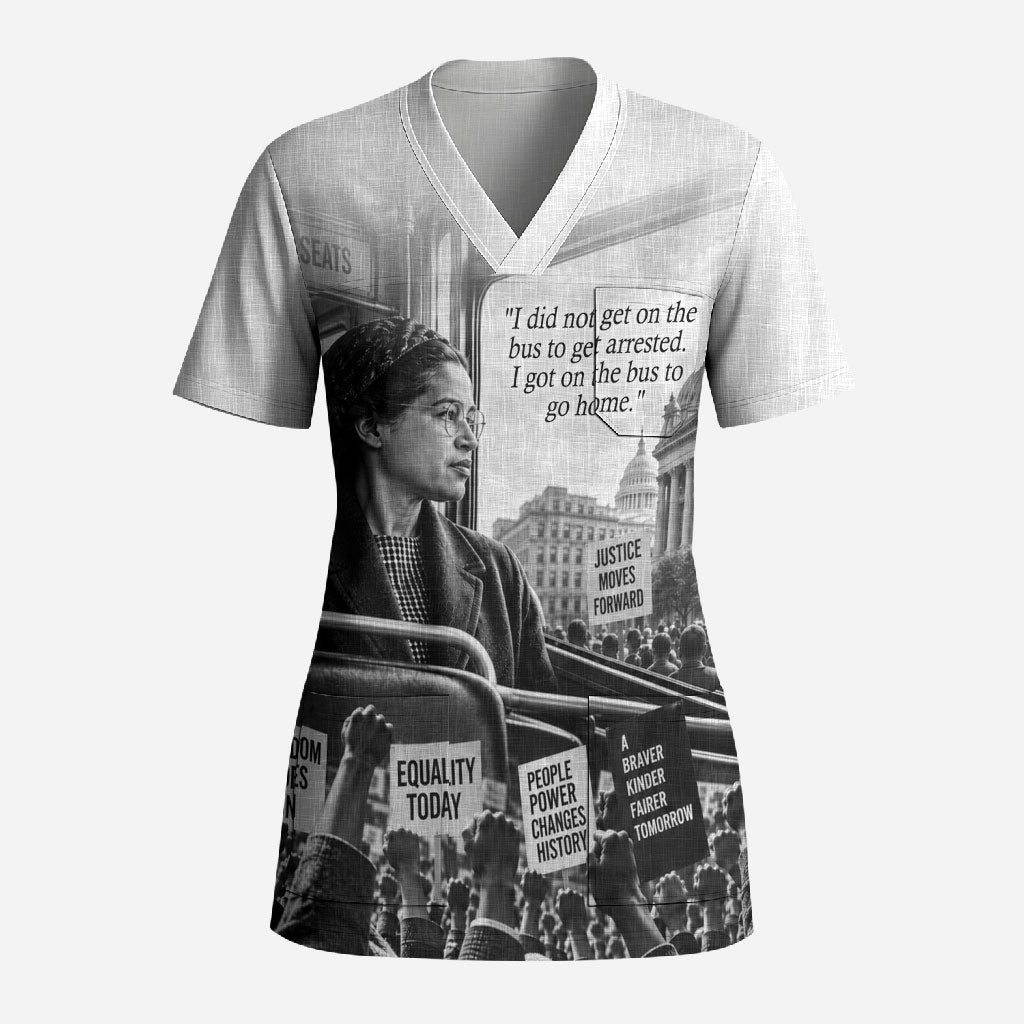 Rosa Parks Civil Rights Scrub Top Vintage Bus American Flag And Red Roses Tribute