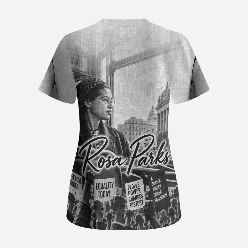 Rosa Parks Civil Rights Scrub Top Vintage Bus American Flag And Red Roses Tribute