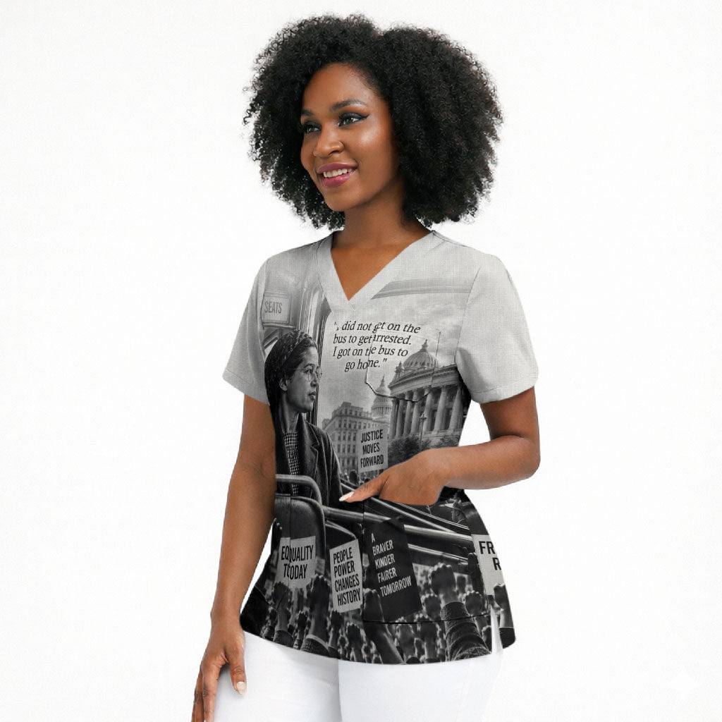 Rosa Parks Civil Rights Scrub Top Vintage Bus American Flag And Red Roses Tribute