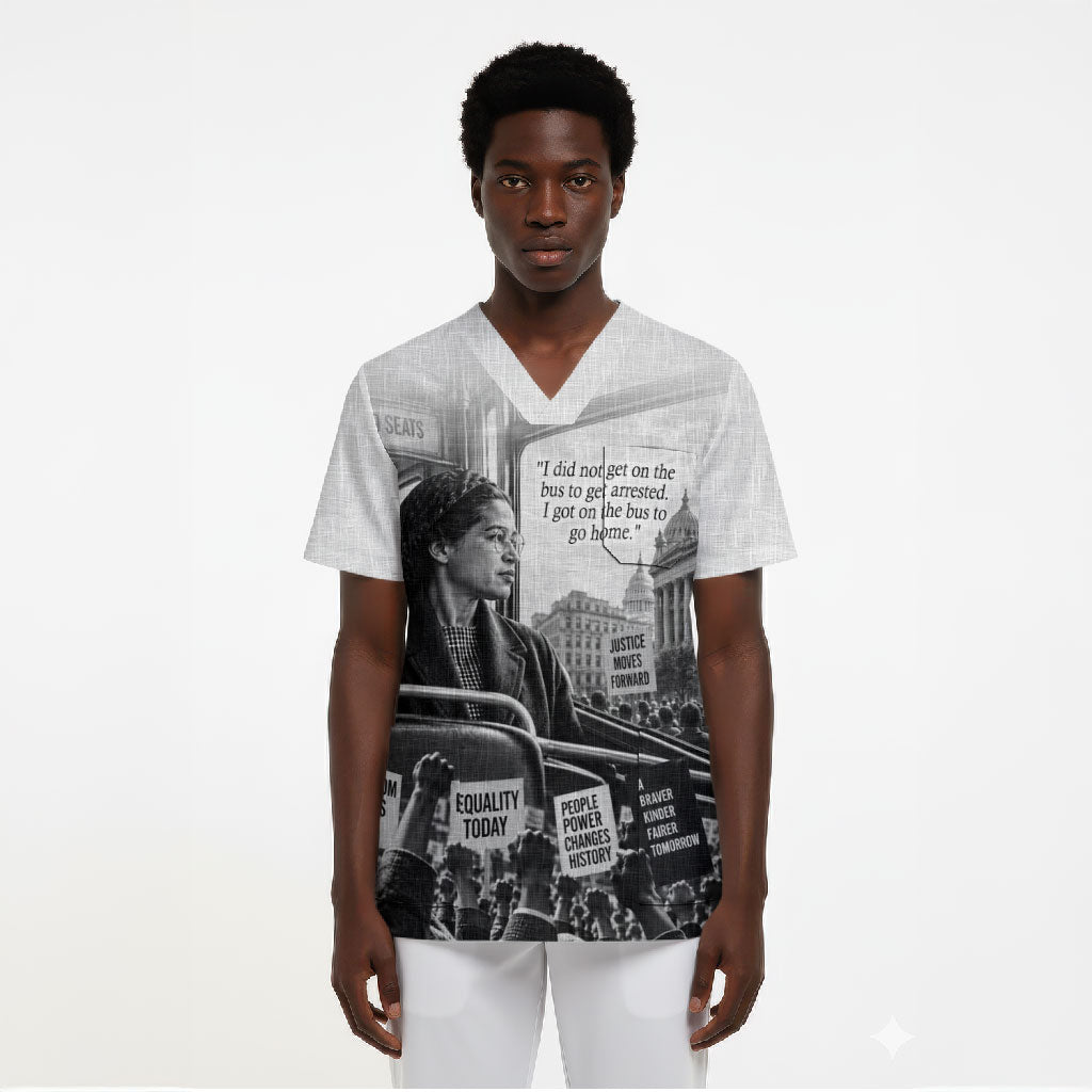 Rosa Parks Civil Rights Scrub Top Vintage Bus American Flag And Red Roses Tribute