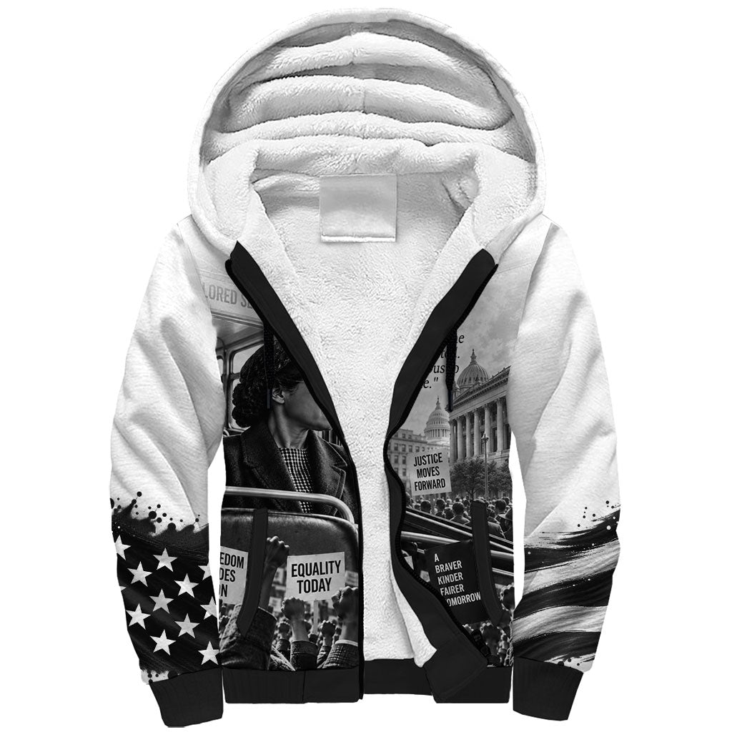 Rosa Parks Civil Rights Sherpa Hoodie Vintage Bus American Flag And Red Roses Tribute