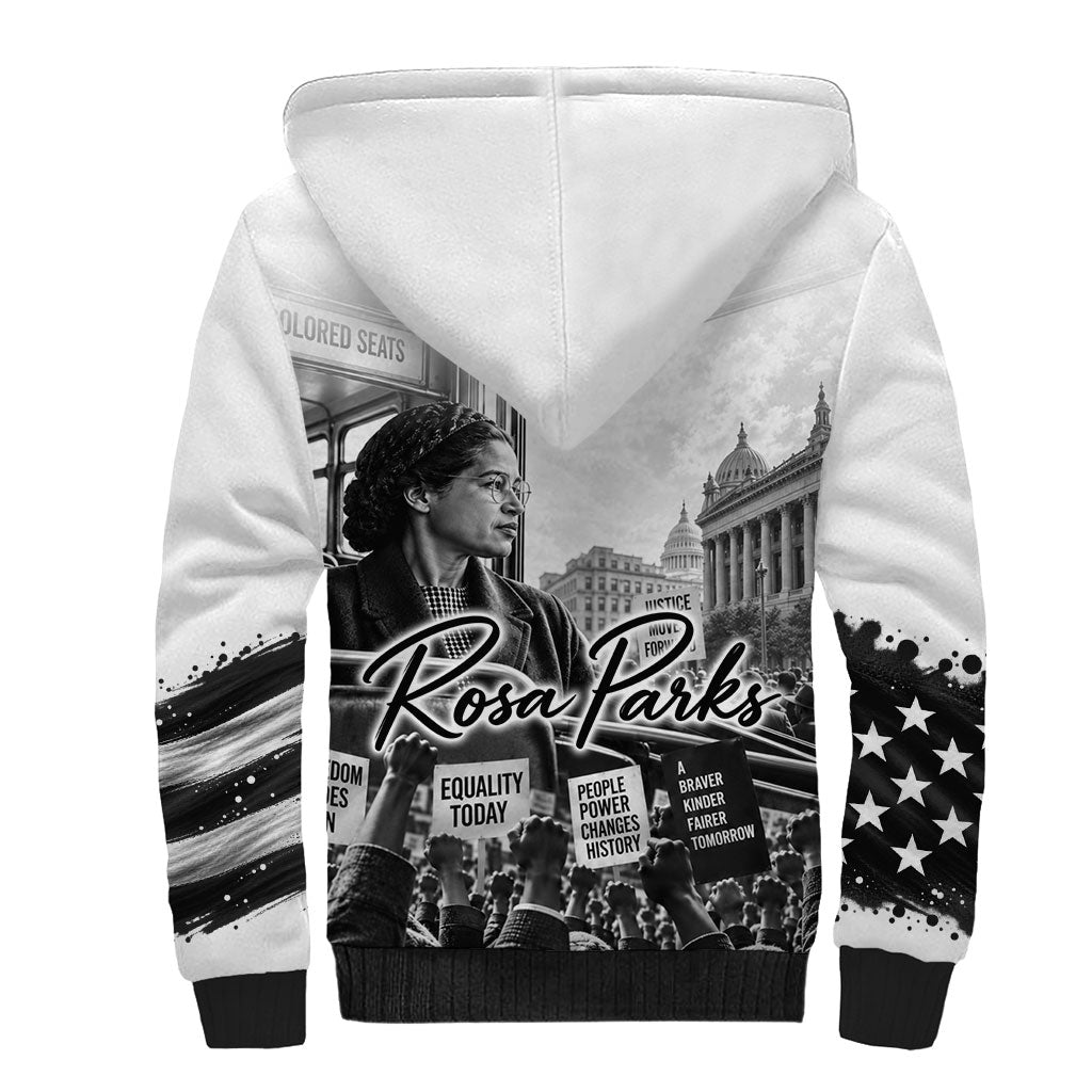 Rosa Parks Civil Rights Sherpa Hoodie Vintage Bus American Flag And Red Roses Tribute