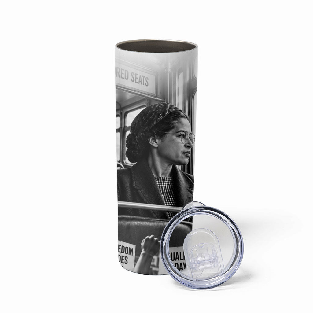 Rosa Parks Civil Rights Skinny Tumbler Vintage Bus American Flag And Red Roses Tribute