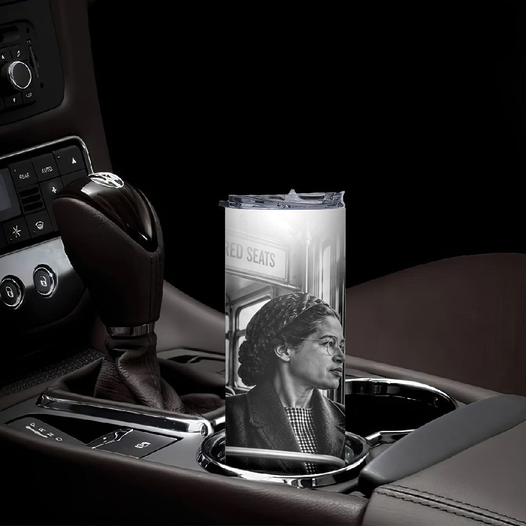 Rosa Parks Civil Rights Skinny Tumbler Vintage Bus American Flag And Red Roses Tribute