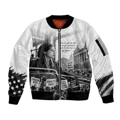 Rosa Parks Civil Rights Sleeve Zip Bomber Jacket Vintage Bus American Flag And Red Roses Tribute