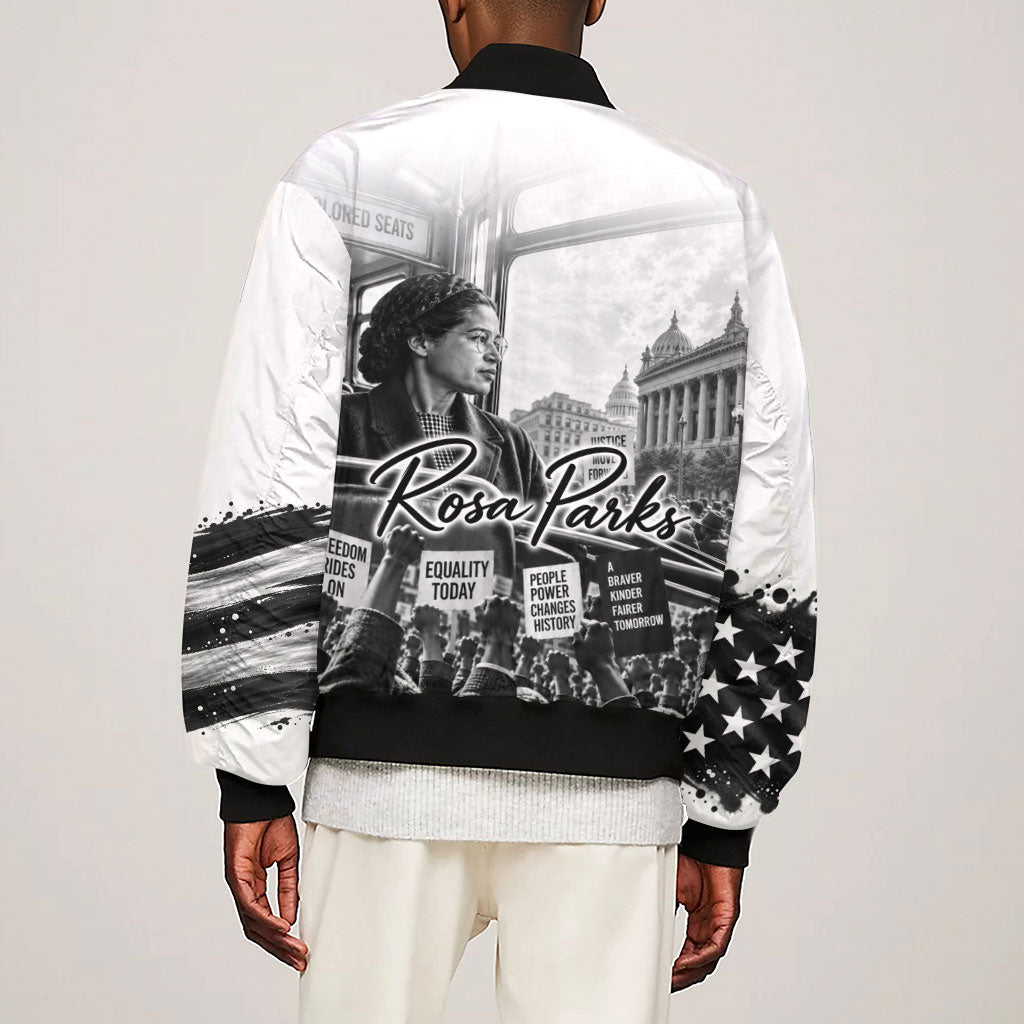 Rosa Parks Civil Rights Sleeve Zip Bomber Jacket Vintage Bus American Flag And Red Roses Tribute