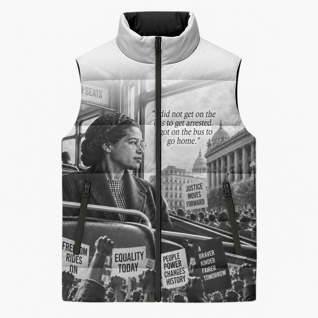 Rosa Parks Civil Rights Sleeveless Puffer Jacket Vintage Bus American Flag And Red Roses Tribute