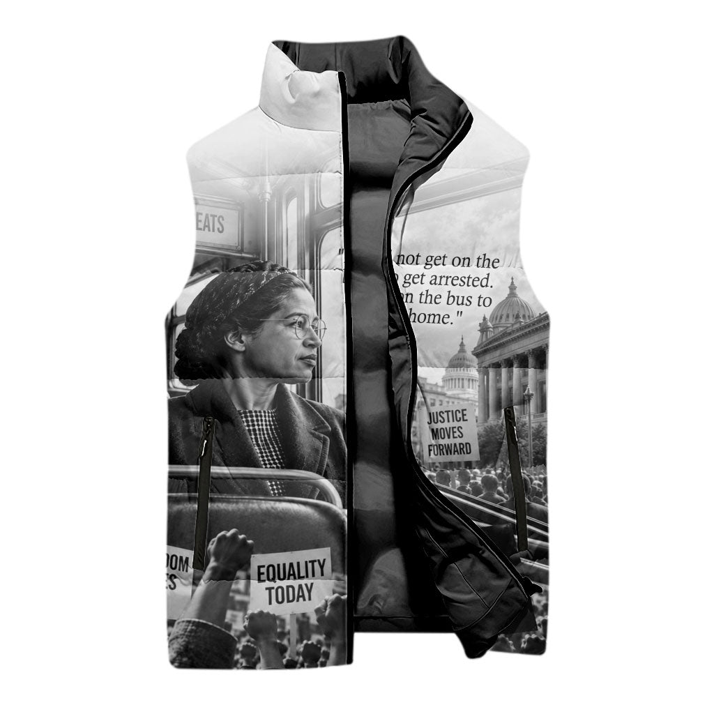 Rosa Parks Civil Rights Sleeveless Puffer Jacket Vintage Bus American Flag And Red Roses Tribute