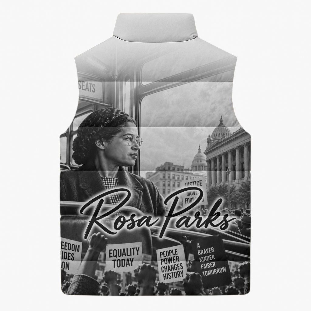 Rosa Parks Civil Rights Sleeveless Puffer Jacket Vintage Bus American Flag And Red Roses Tribute