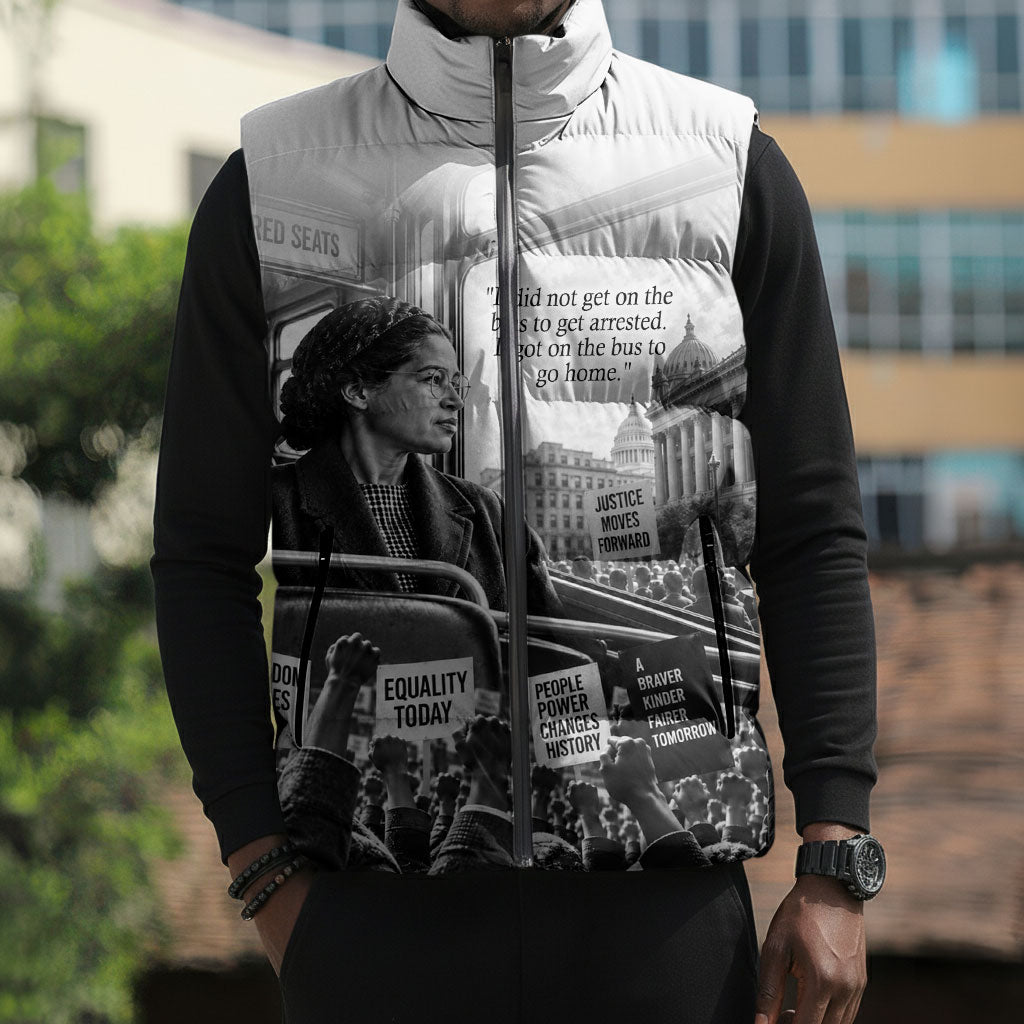 Rosa Parks Civil Rights Sleeveless Puffer Jacket Vintage Bus American Flag And Red Roses Tribute