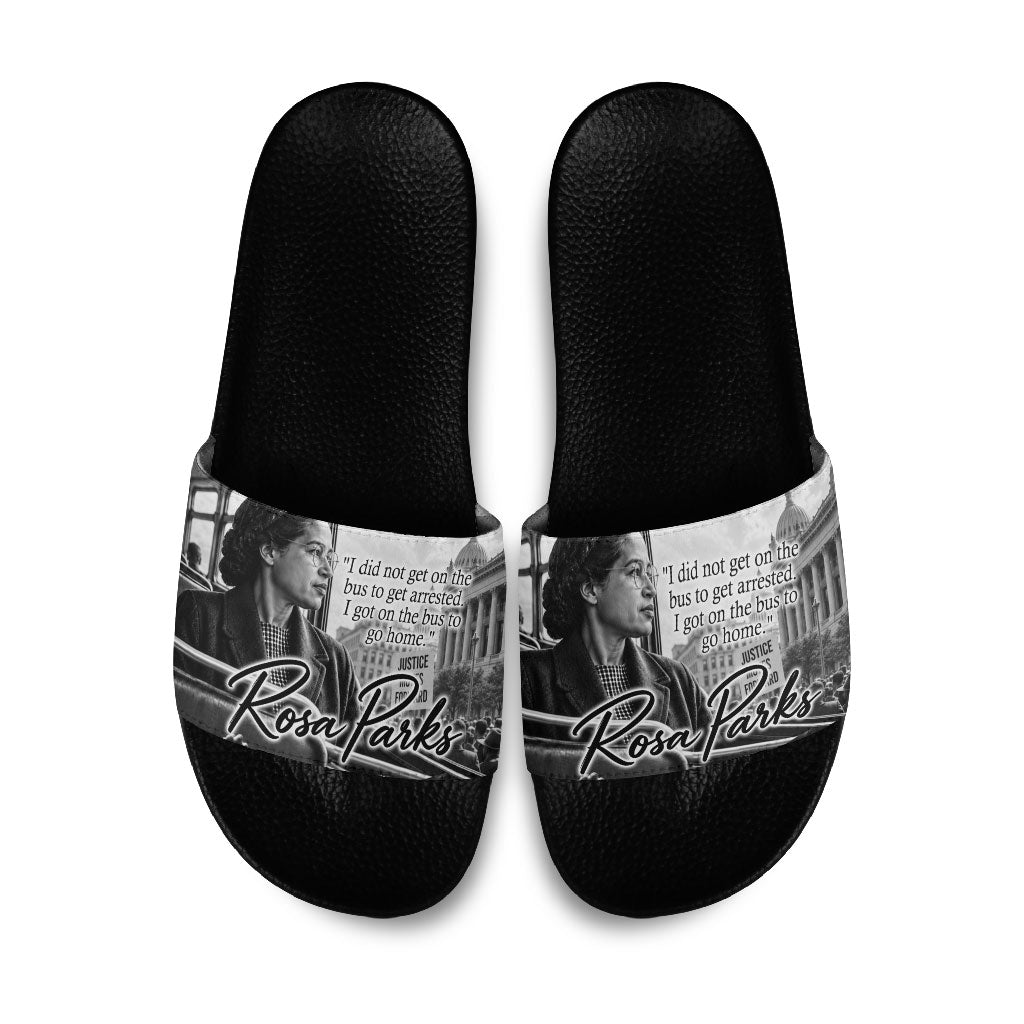 Rosa Parks Civil Rights Slide Sandals Vintage Bus American Flag And Red Roses Tribute
