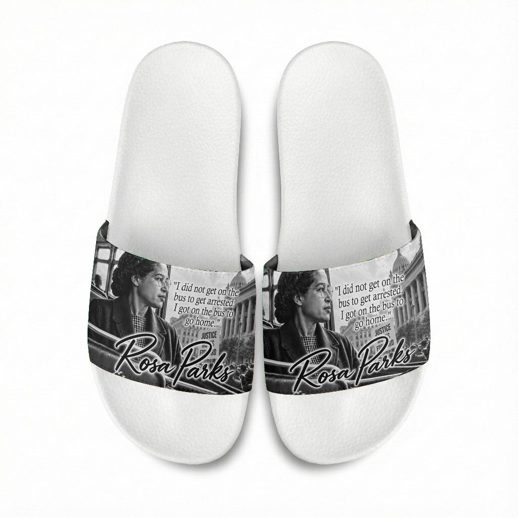 Rosa Parks Civil Rights Slide Sandals Vintage Bus American Flag And Red Roses Tribute