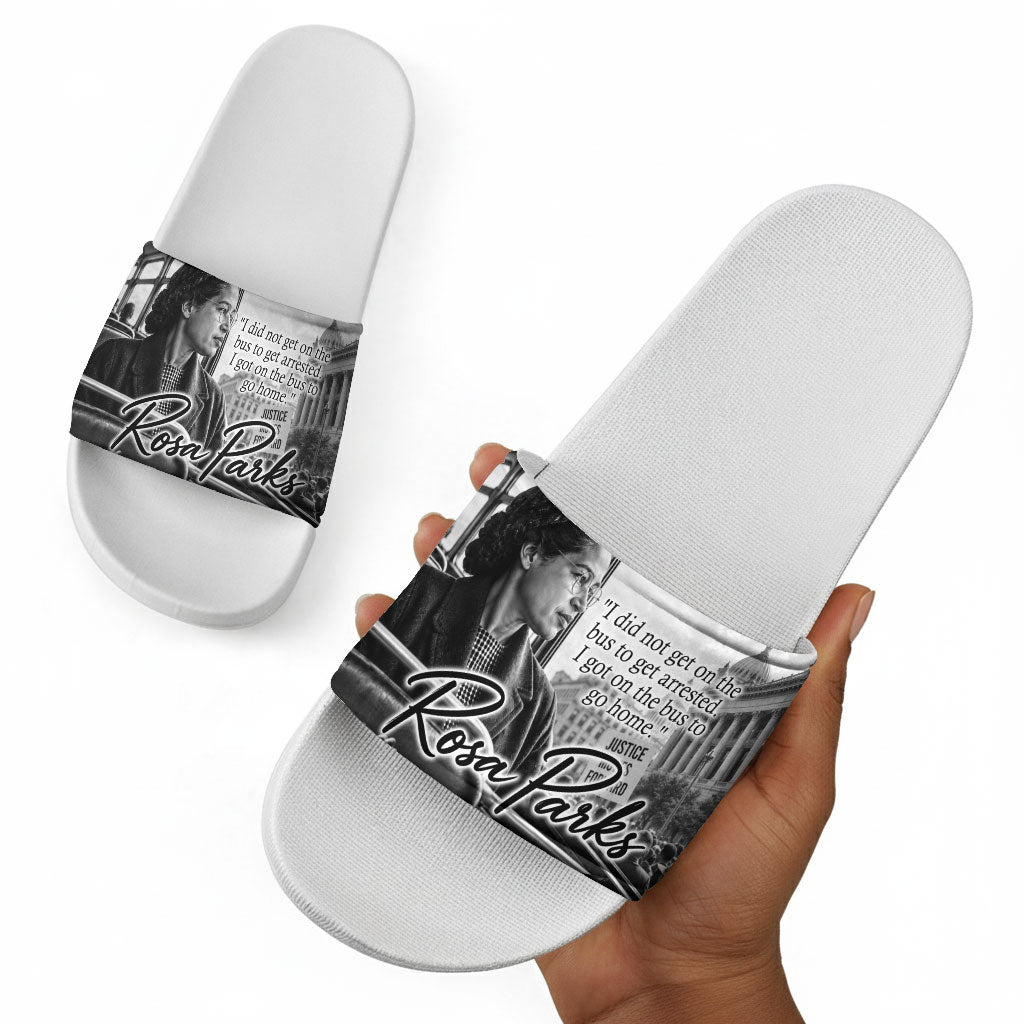 Rosa Parks Civil Rights Slide Sandals Vintage Bus American Flag And Red Roses Tribute