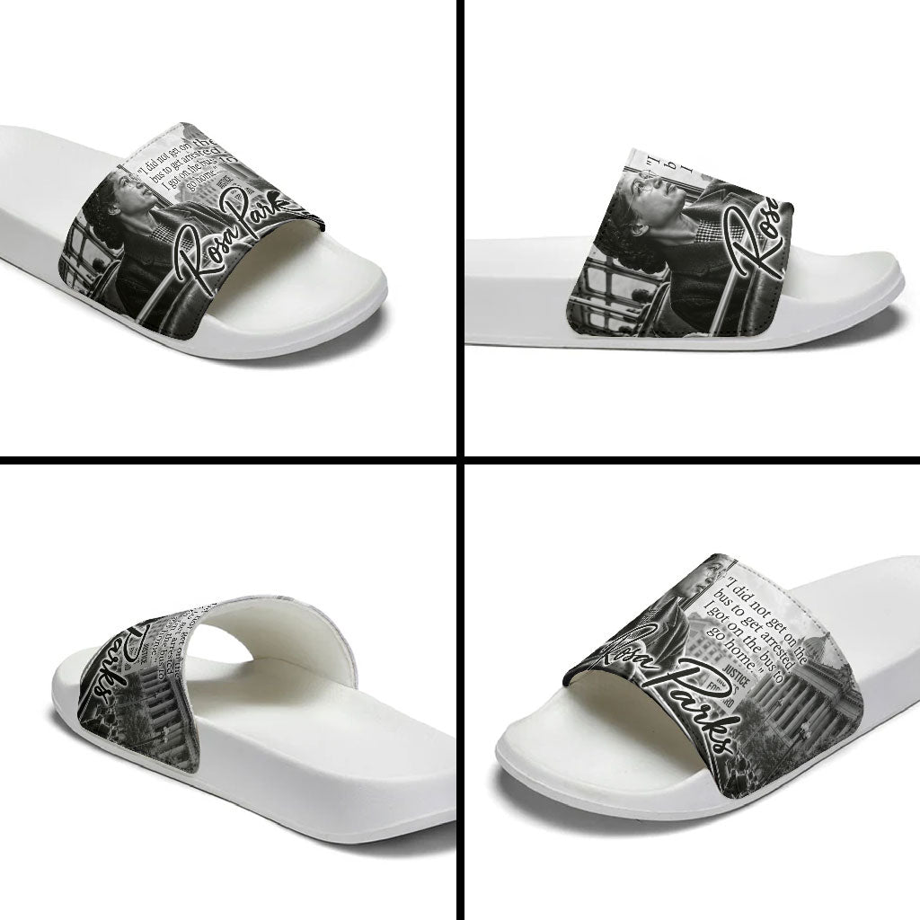 Rosa Parks Civil Rights Slide Sandals Vintage Bus American Flag And Red Roses Tribute