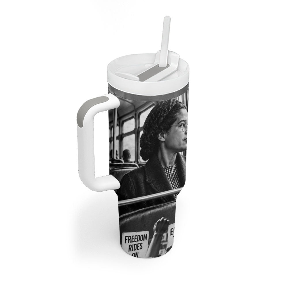 Rosa Parks Civil Rights Tumbler With Handle Vintage Bus American Flag And Red Roses Tribute