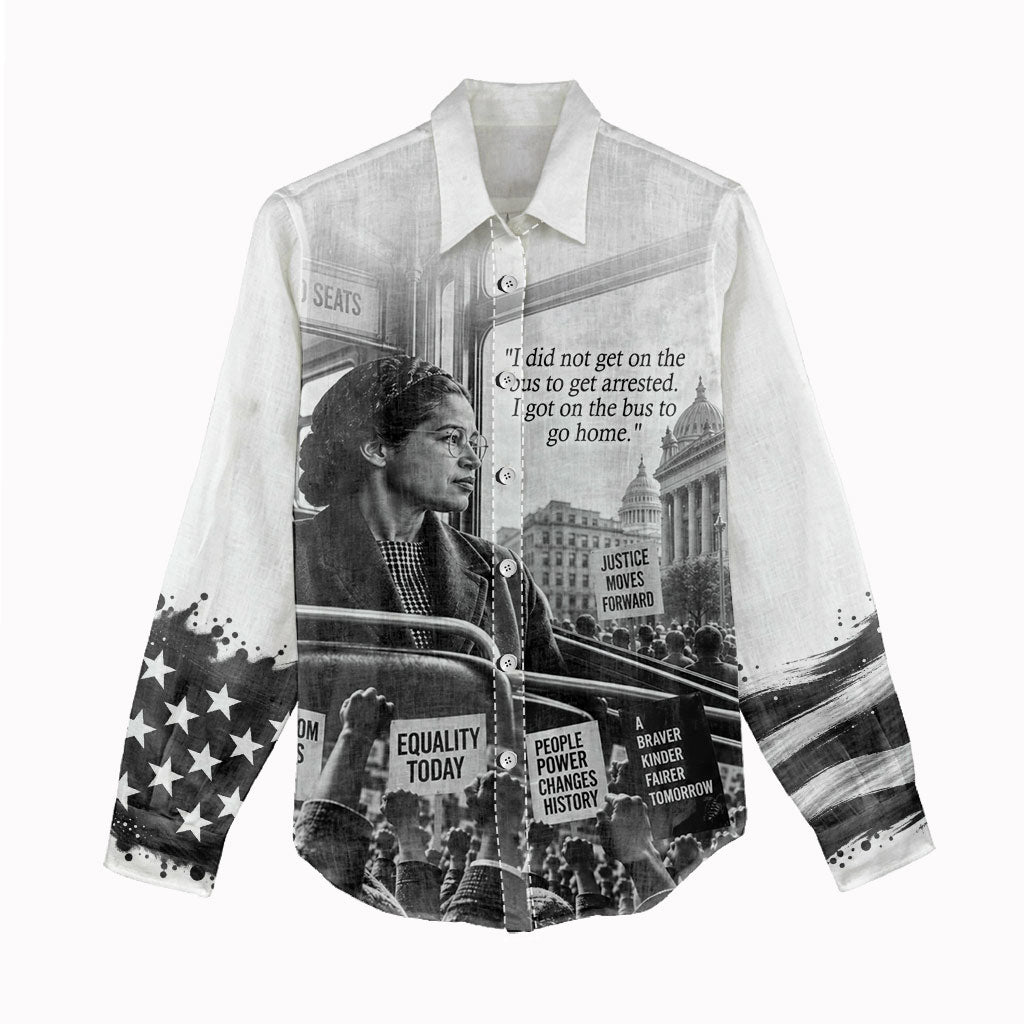 Rosa Parks Civil Rights Women Casual Shirt Vintage Bus American Flag And Red Roses Tribute