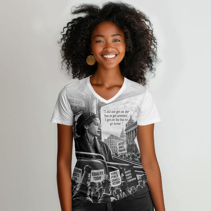 Rosa Parks Civil Rights Women V-Neck T-Shirt Vintage Bus American Flag And Red Roses Tribute