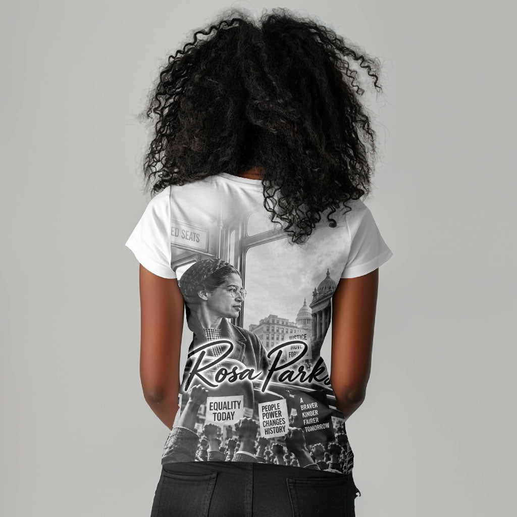 Rosa Parks Civil Rights Women V-Neck T-Shirt Vintage Bus American Flag And Red Roses Tribute