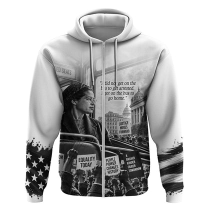 Rosa Parks Civil Rights Zip Hoodie Vintage Bus American Flag And Red Roses Tribute