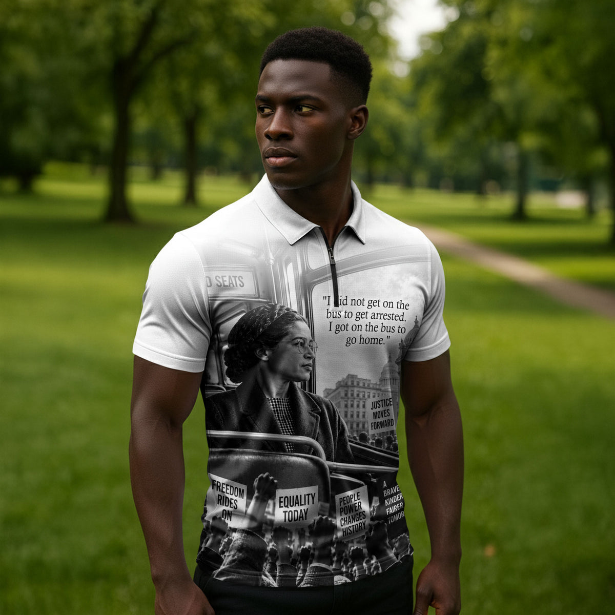 Rosa Parks Civil Rights Zipper Polo Shirt Vintage Bus American Flag And Red Roses Tribute