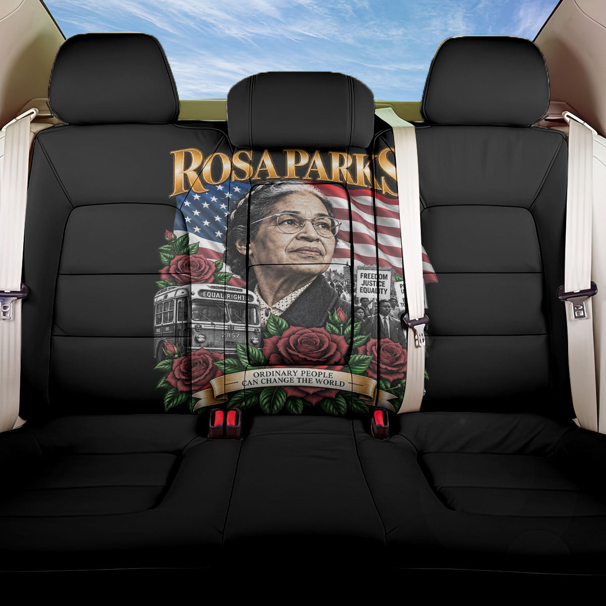 Rosa Parks Civil Rights Activist Back Car Seat Cover Vintage Bus American Flag And Red Roses Tribute Art