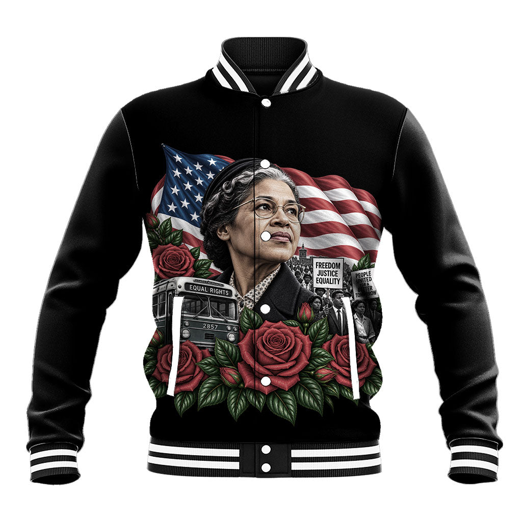 Rosa Parks Civil Rights Activist Baseball Jacket Vintage Bus American Flag And Red Roses Tribute Art
