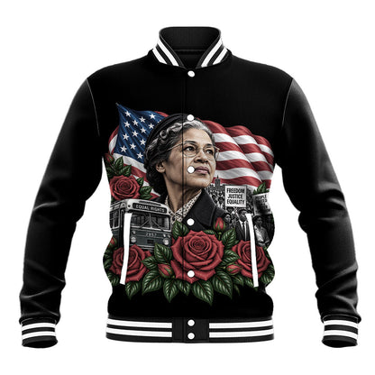 Rosa Parks Civil Rights Activist Baseball Jacket Vintage Bus American Flag And Red Roses Tribute Art