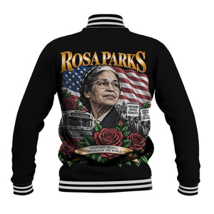Rosa Parks Civil Rights Activist Baseball Jacket Vintage Bus American Flag And Red Roses Tribute Art
