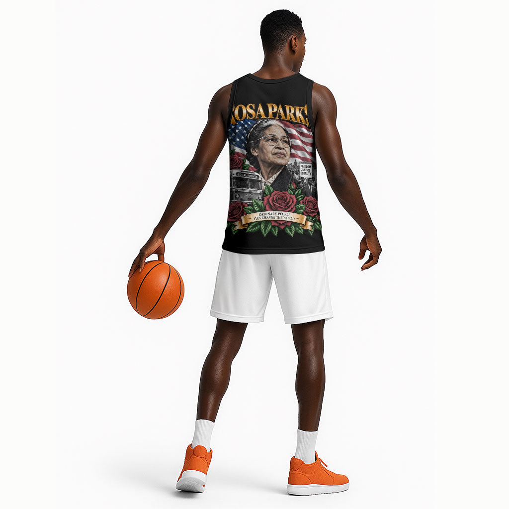 Rosa Parks Civil Rights Activist Basketball Jersey Vintage Bus American Flag And Red Roses Tribute Art