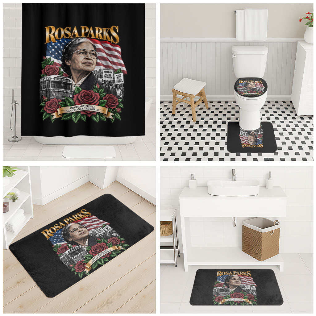 Rosa Parks Civil Rights Activist Bathroom Set Vintage Bus American Flag And Red Roses Tribute Art