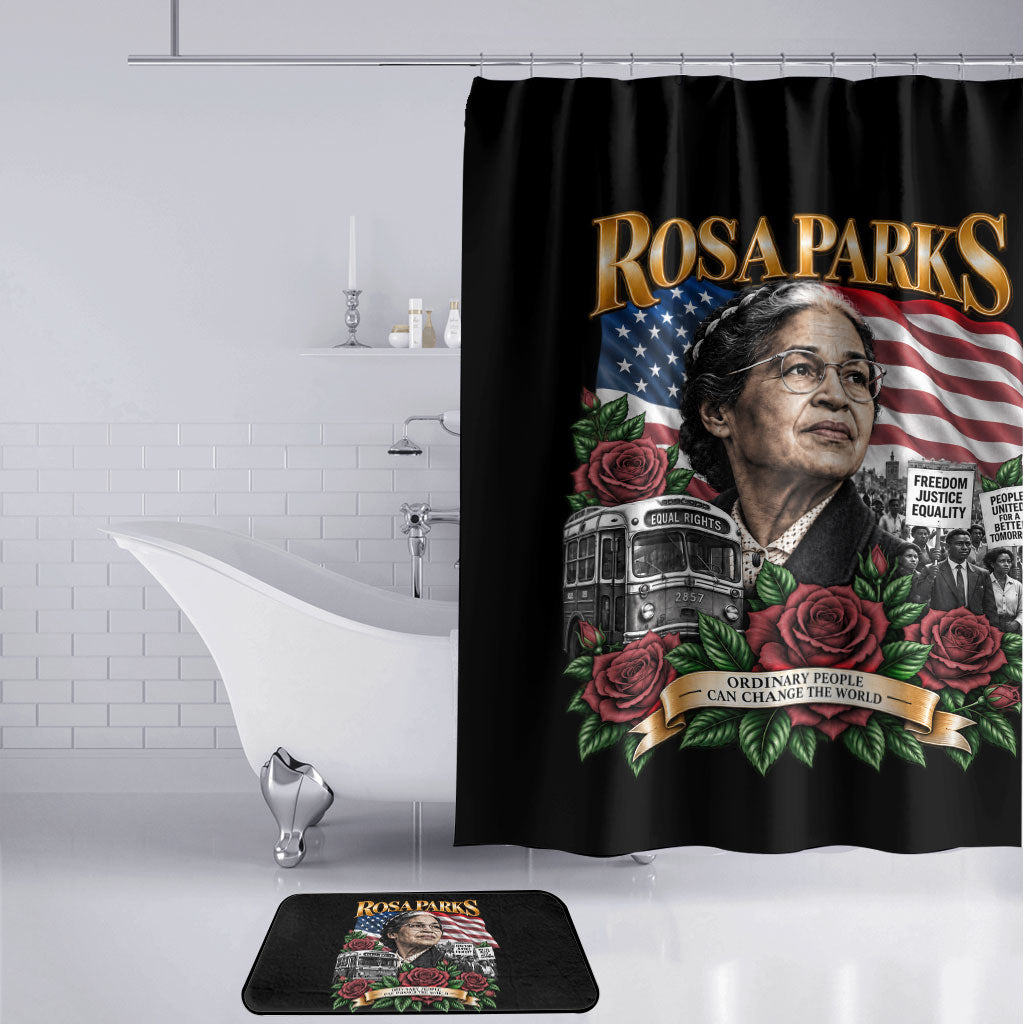 Rosa Parks Civil Rights Activist Bathroom Set Vintage Bus American Flag And Red Roses Tribute Art